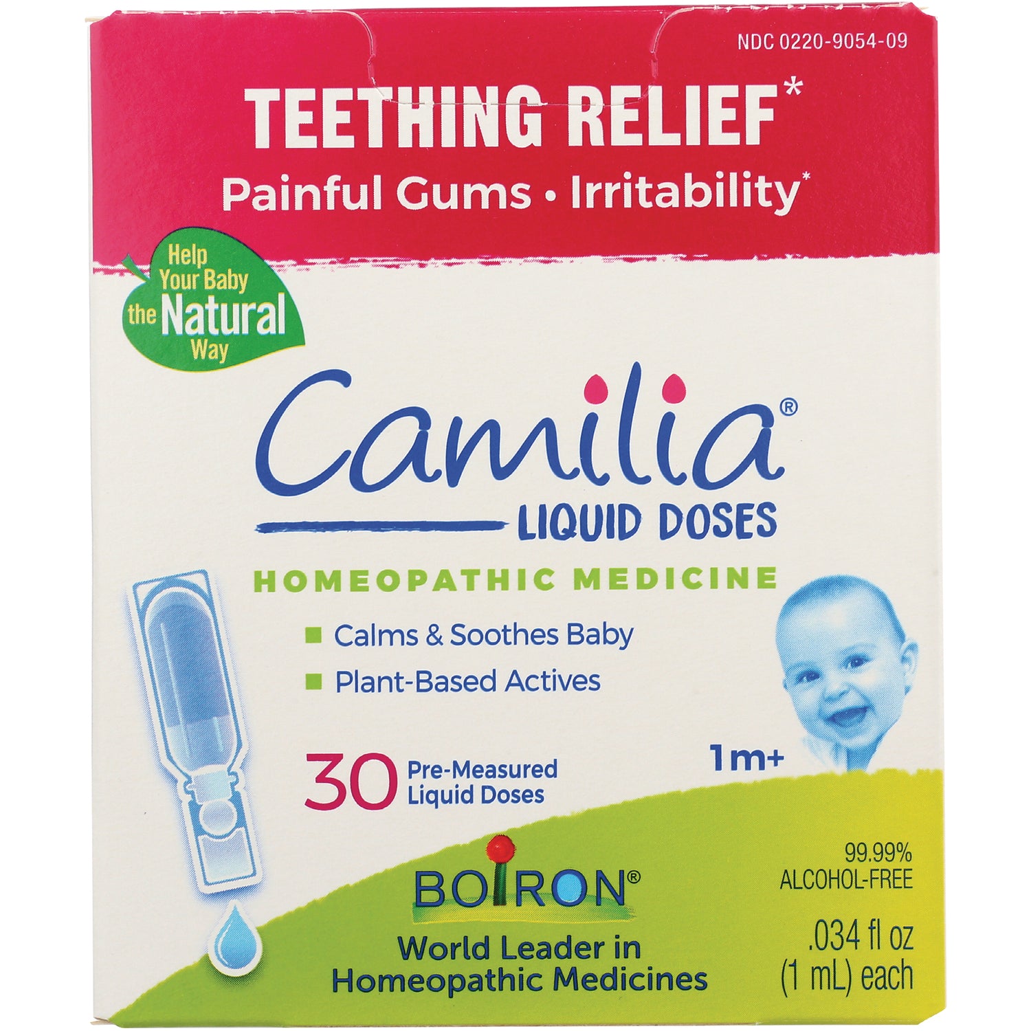 BRN050 | Camilia teething relief liquid doses box, 30 pre-measured homeopathic doses, smiling baby pictured