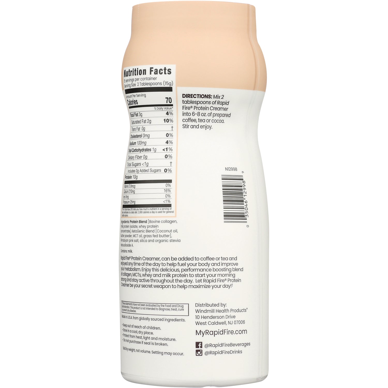 RPF011 | Back label showing nutrition facts, directions, and barcode on protein creamer bottle