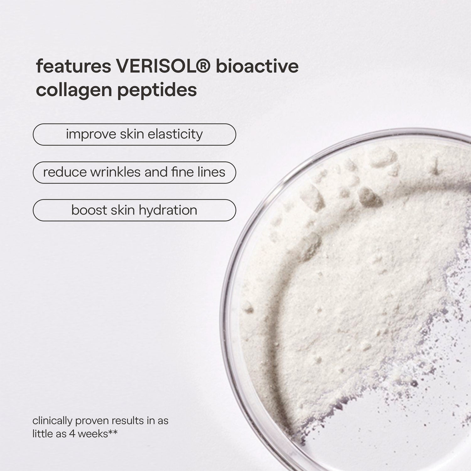 KTO001 | VERISOL bioactive collagen peptides infographic with claims for skin elasticity, wrinkles, hydration, and 4-week results