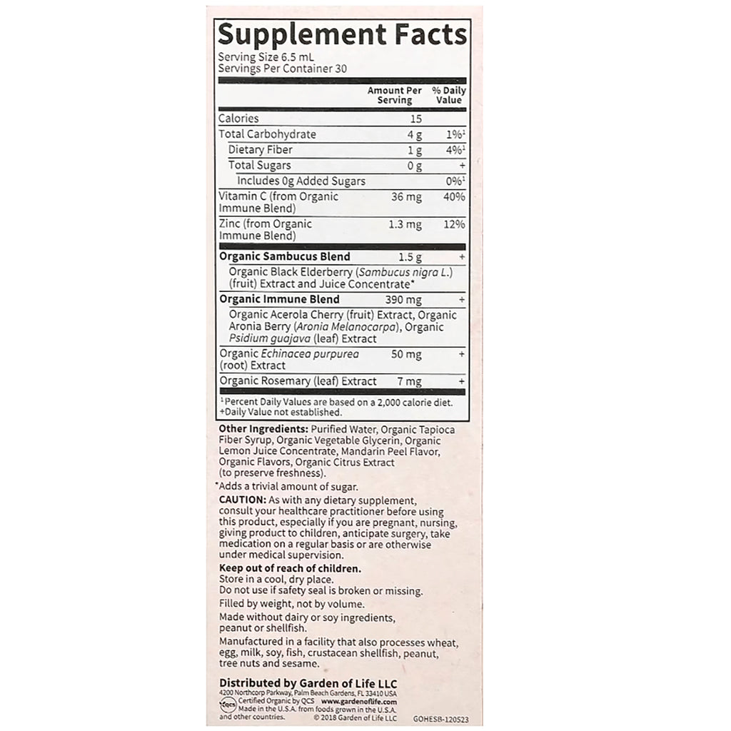 Supplement Facts label showing serving size, calories, organic sambucus and immune blends, other ingredients and cautions - Thumbnail