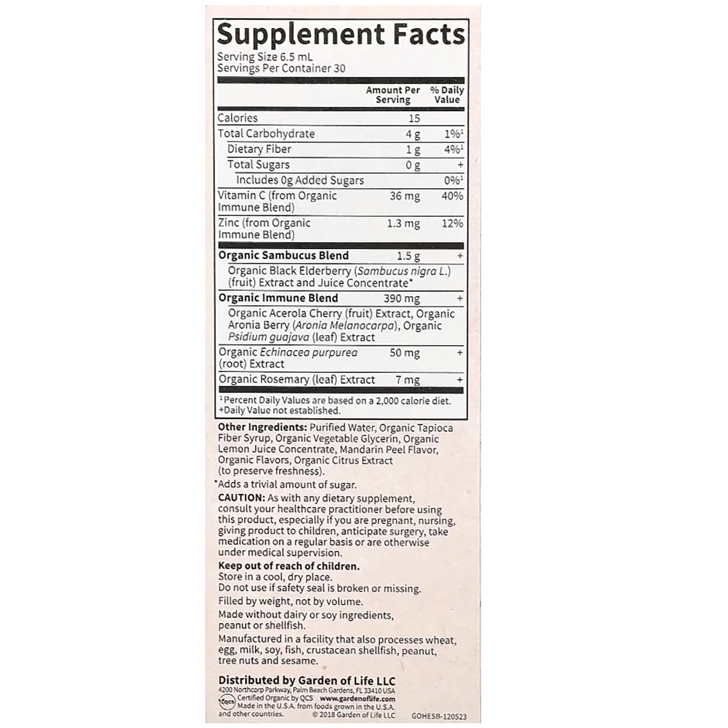 Supplement Facts label showing serving size, calories, organic sambucus and immune blends, other ingredients and cautions
