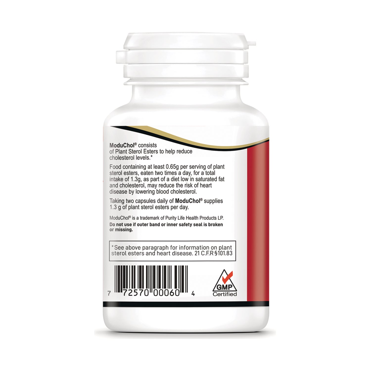 KY084 | Back label of white supplement bottle showing usage information, barcode and GMP Certified logo