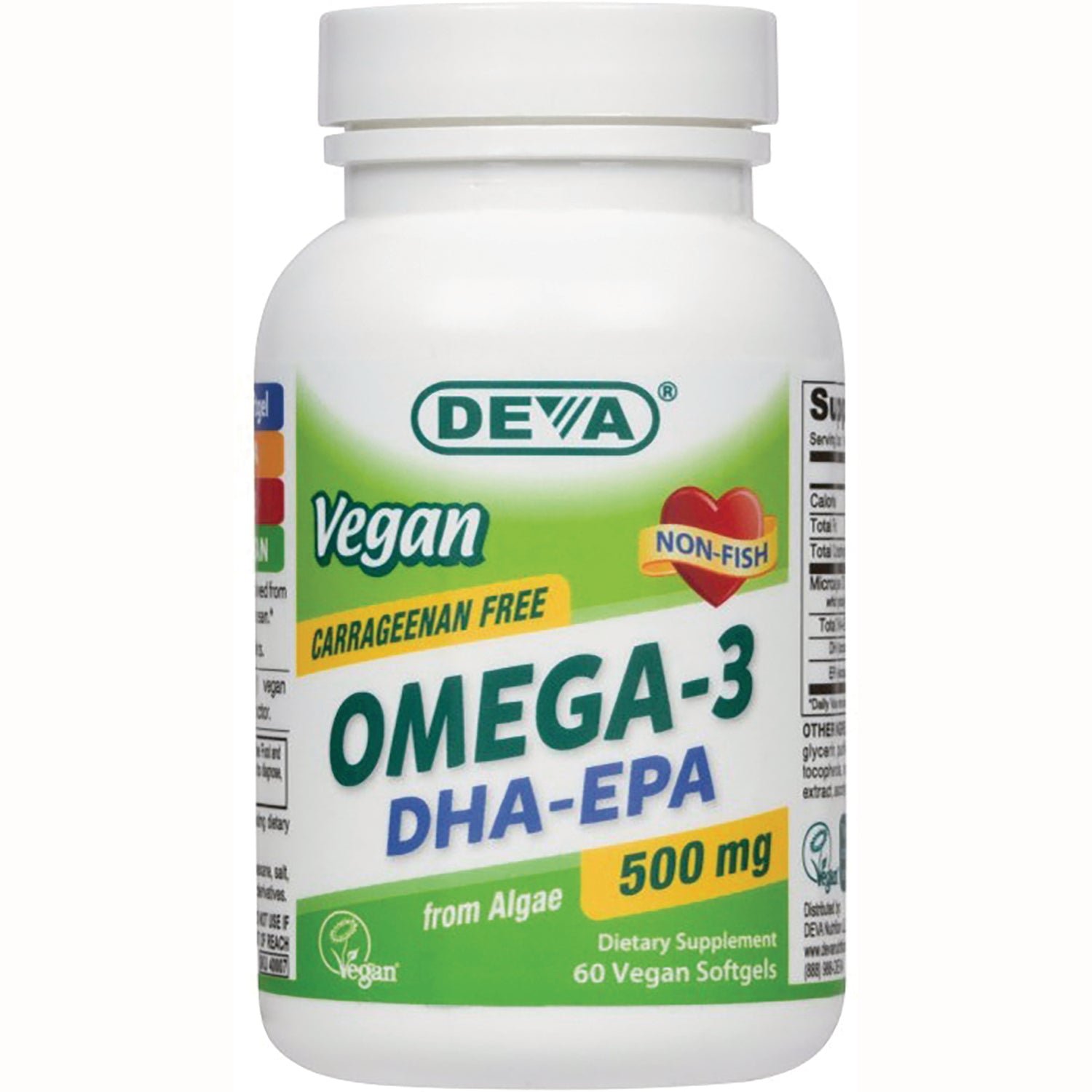 DEV041 | White bottle labeled DEVA Vegan OMEGA-3 DHA-EPA 500 mg from algae dietary supplement 60 vegan softgels