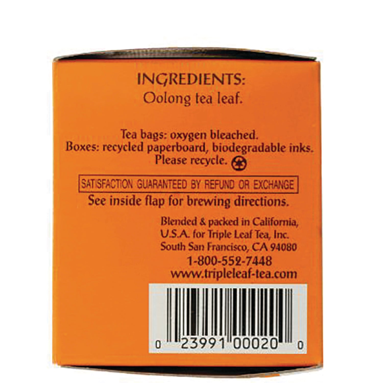 TLT018 | Back of Triple Leaf Tea Oolong tea box with ingredients 'Oolong tea leaf' and barcode