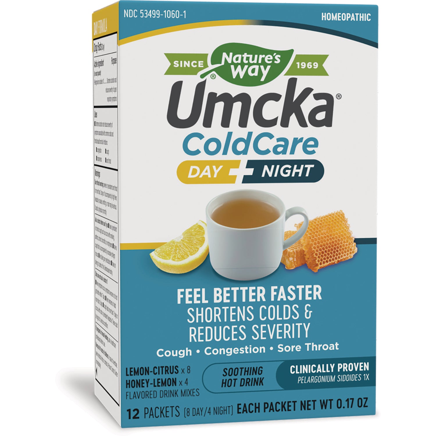 NW1054 | Front of Nature's Way Umcka ColdCare Day + Night box showing cup of hot drink, lemon slice and honeycomb