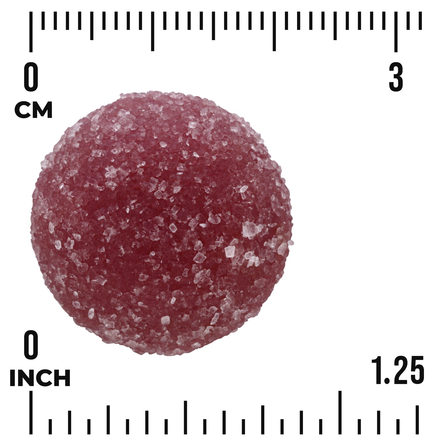 SW1969 | red sugar-coated round gummy with granulated sugar and measurement scale showing size