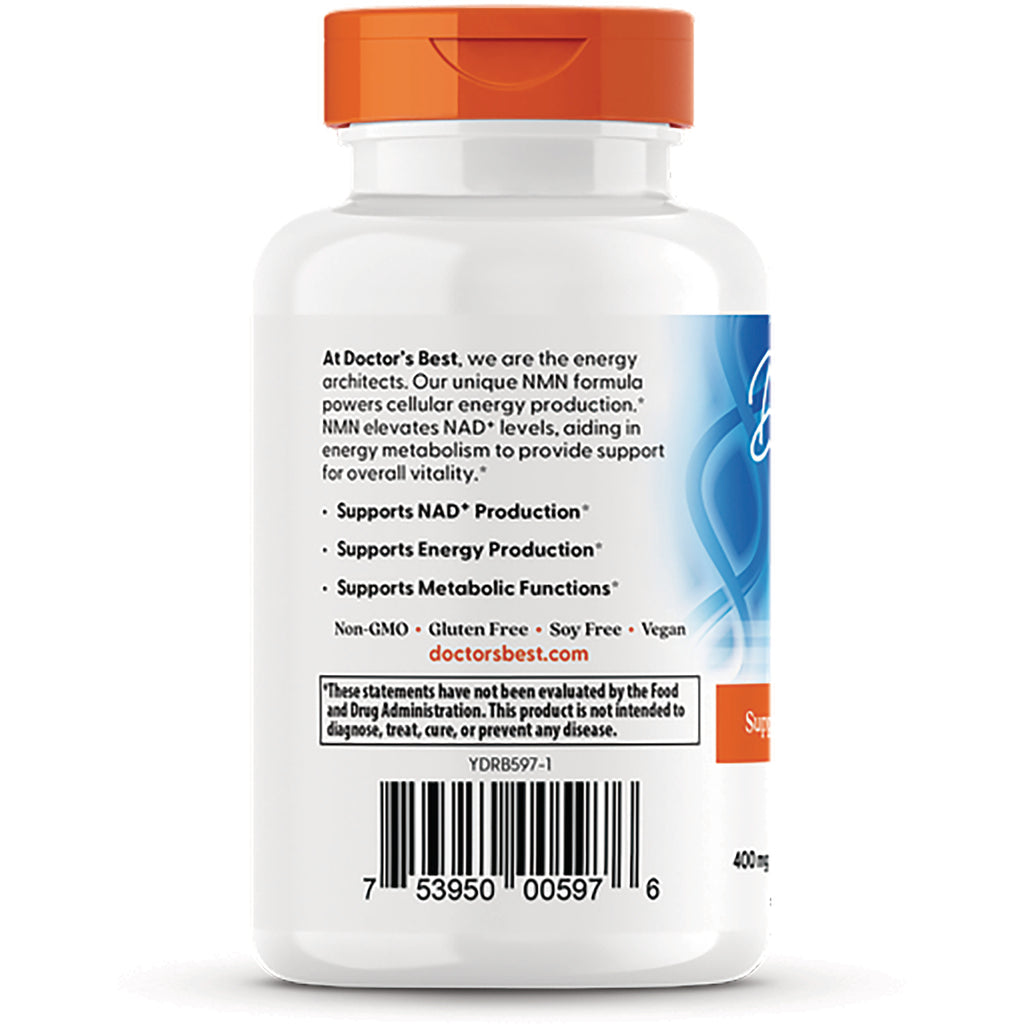 White supplement bottle back label showing claims, Non-GMO Gluten Free Vegan text and barcode - Thumbnail