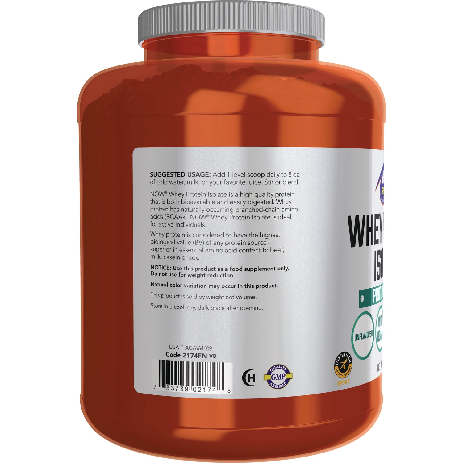NWF277 | back label of orange protein powder jar showing suggested usage, barcode, and quality seals
