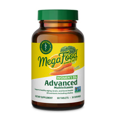 MGF026 | MegaFood Women's 55+ Advanced Multivitamin amber bottle with green cap and yellow label showing carrots and broccoli