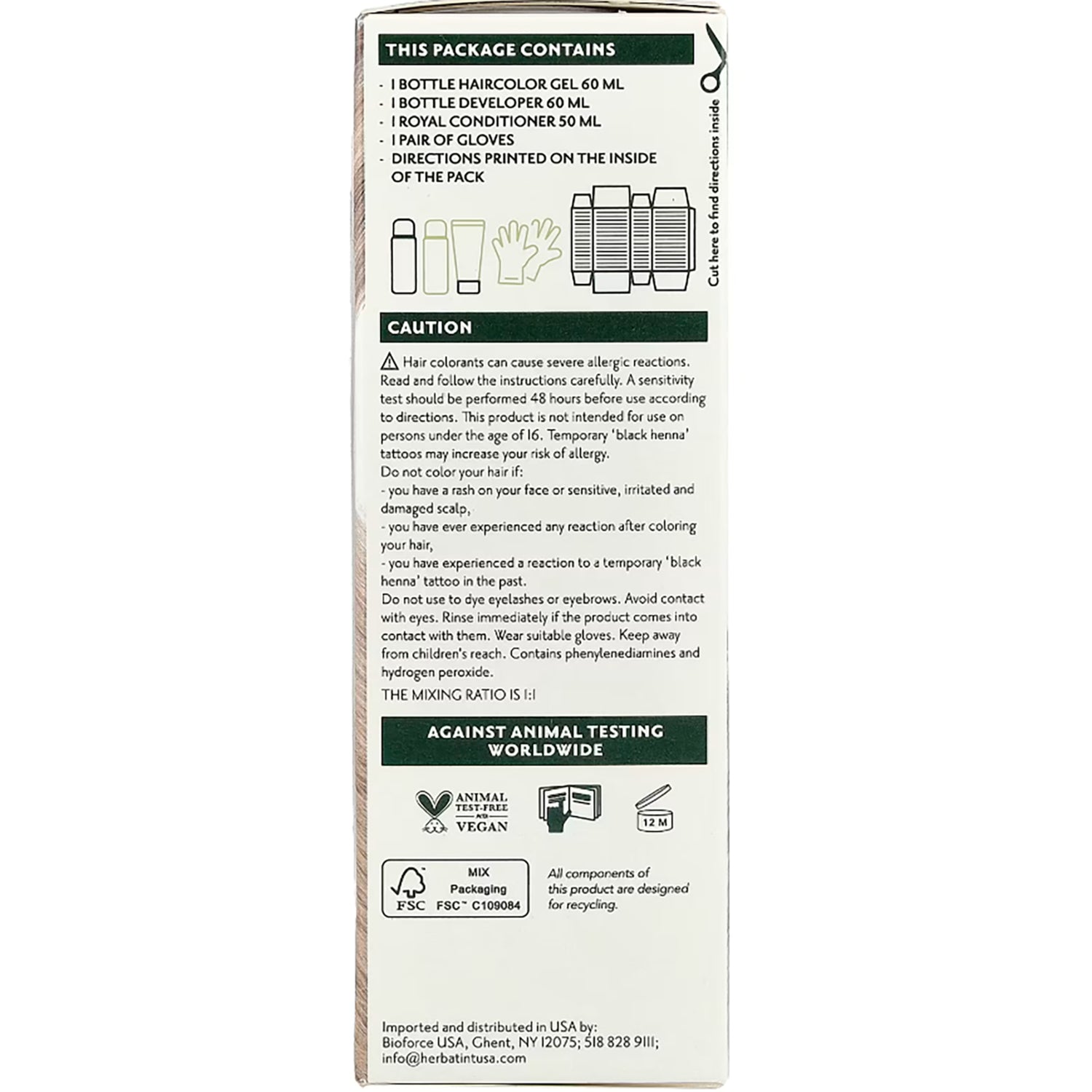 HBT007 | Back of hair color kit box showing contents list, caution text