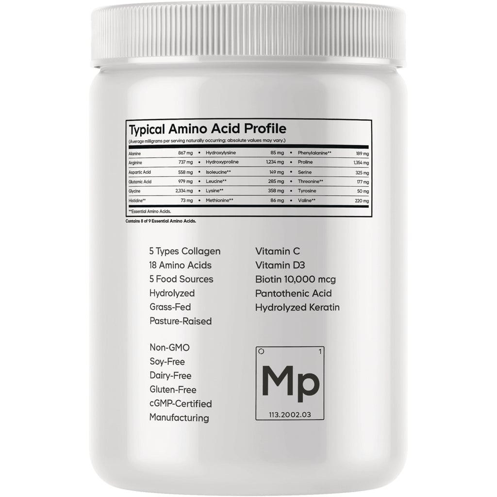 CDG029 | Back label of white supplement jar showing Typical Amino Acid Profile table and product attributes including 5 types collagen, vitamins, and non-GMO - Thumbnail