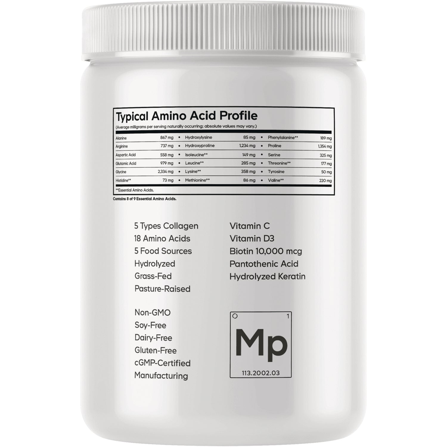 CDG029 | Back label of white supplement jar showing Typical Amino Acid Profile table and product attributes including 5 types collagen, vitamins, and non-GMO