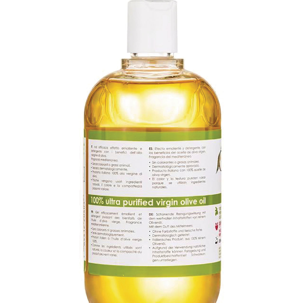 OLV001 | Back of clear bottle showing label reading 100% ultra purified virgin olive oil and ingredient text - Thumbnail