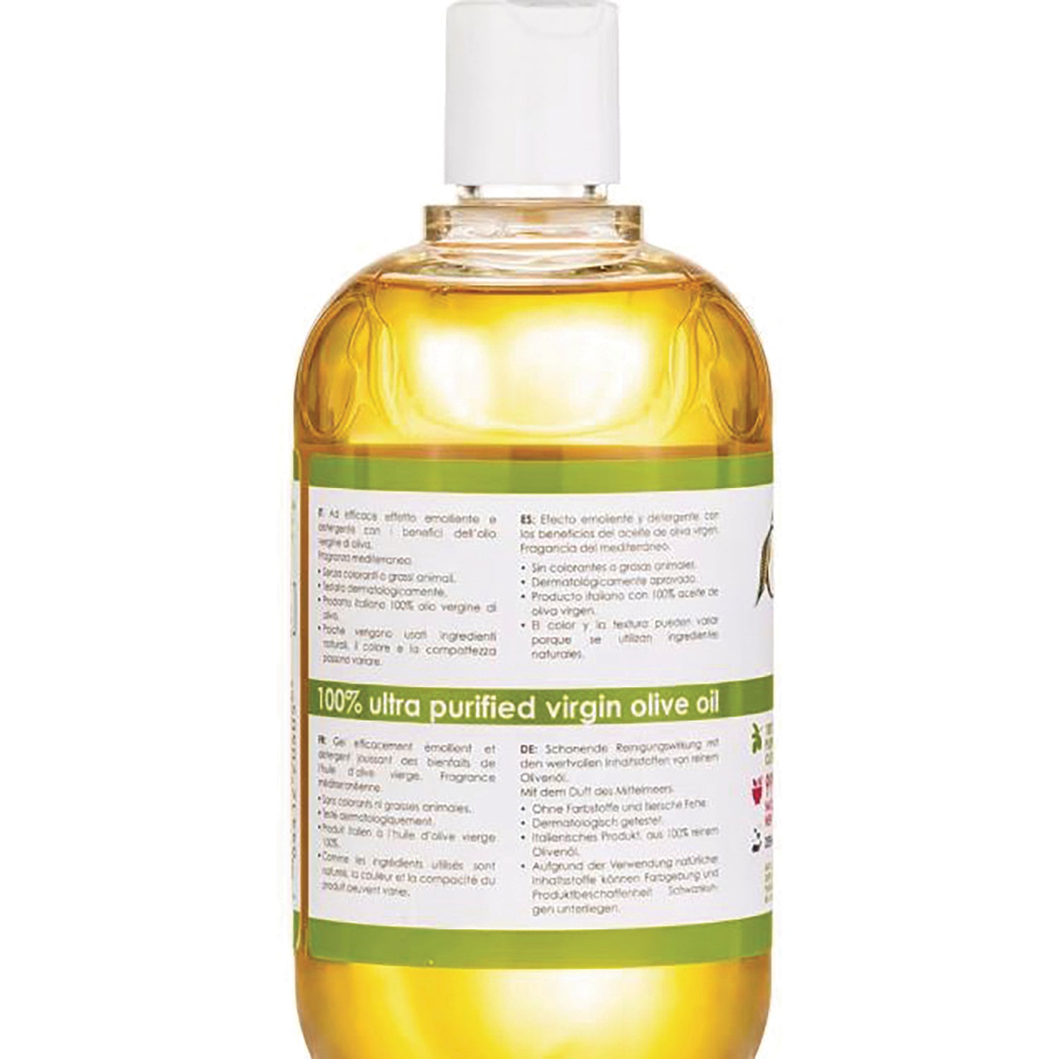 OLV001 | Back of clear bottle showing label reading 100% ultra purified virgin olive oil and ingredient text