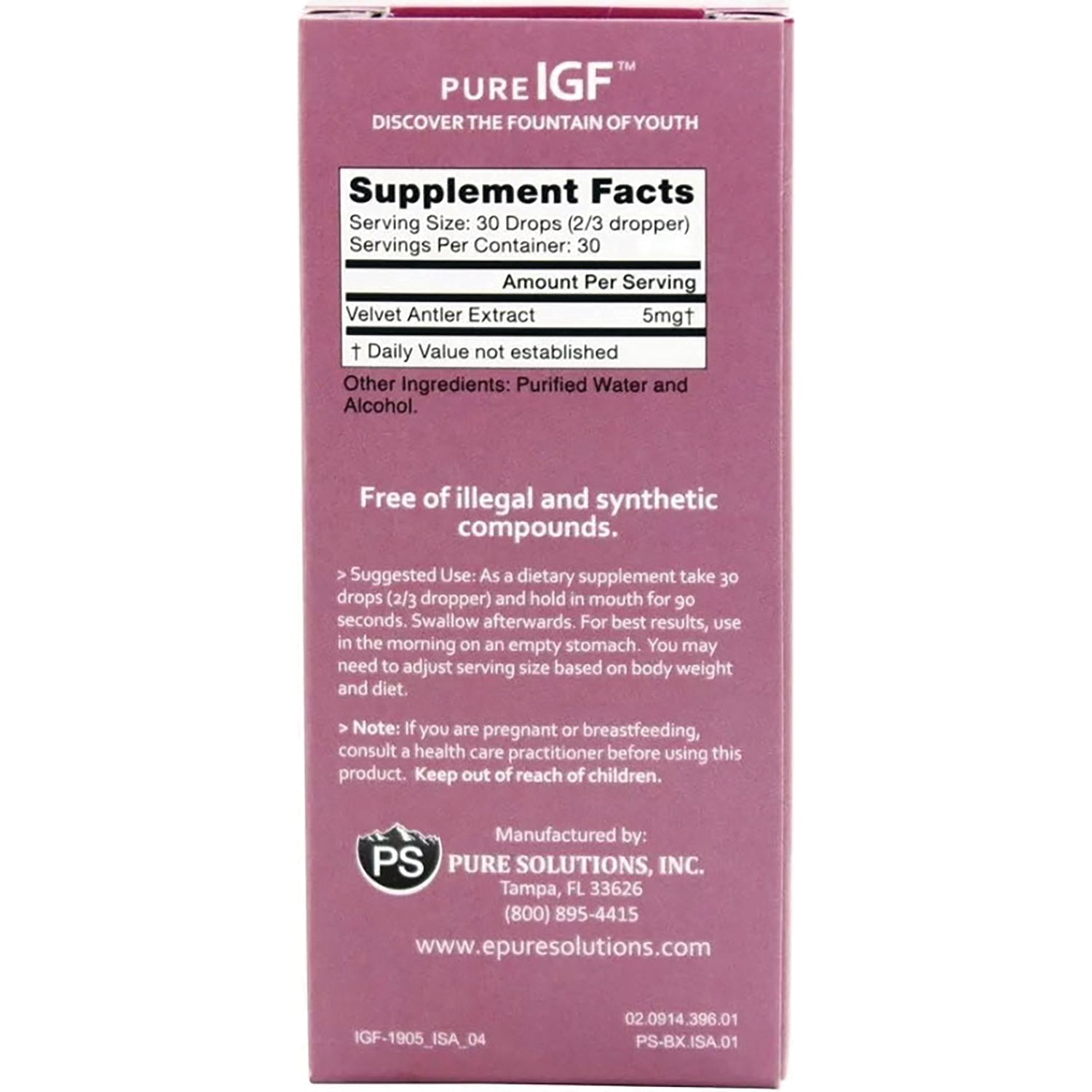 PSL005 | Back of pink Pure IGF supplement box showing Supplement Facts panel listing Velvet Antler Extract 5mg and usage instructions