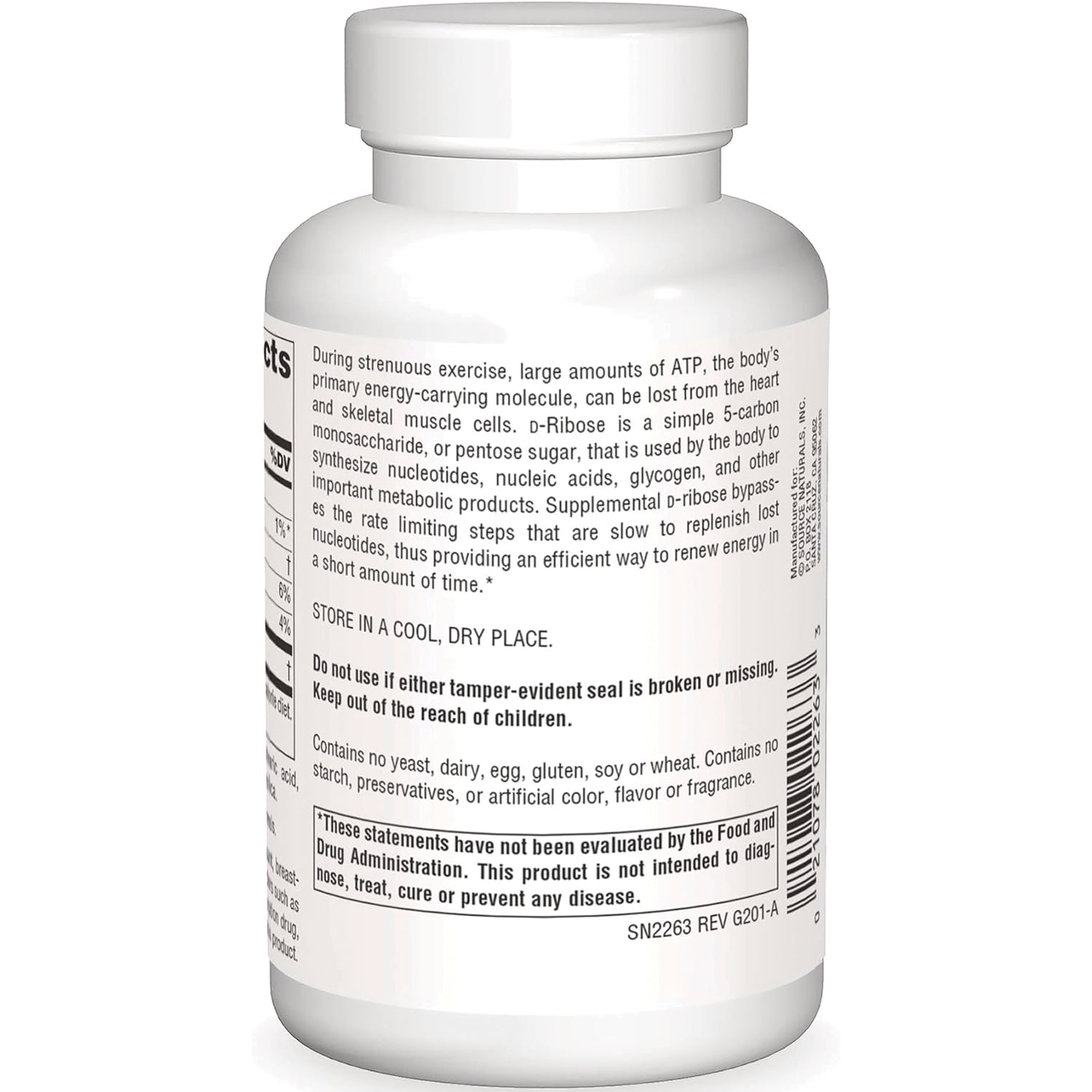 SN197 | Supplement bottle back label with storage directions, warnings, and FDA disclaimer text