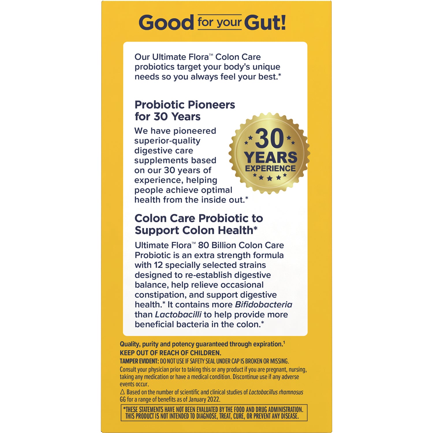 RNL252 | back panel showing 'Good for your Gut!' heading, probiotic description, 30 YEARS EXPERIENCE seal, and warnings