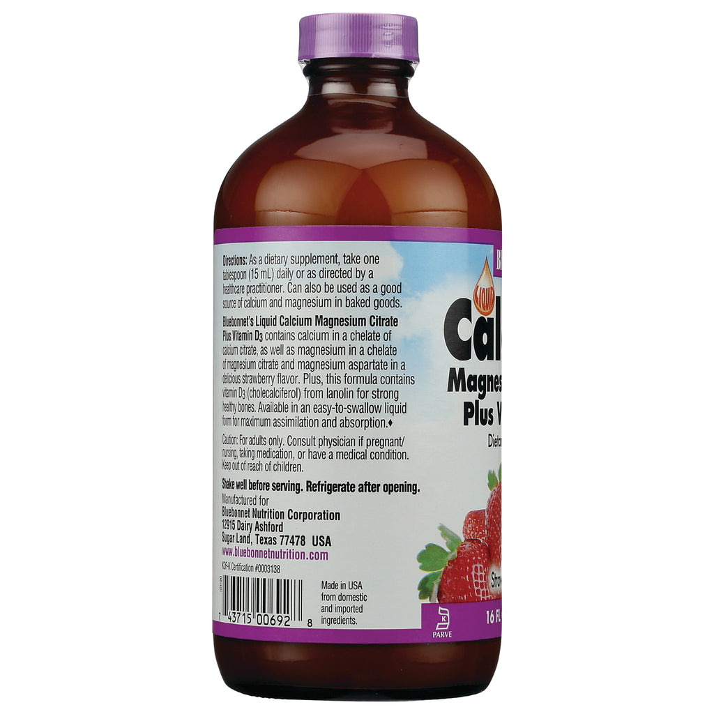 BLU093 | Back of brown supplement bottle showing directions, ingredients panel, barcode and strawberry graphic - Thumbnail