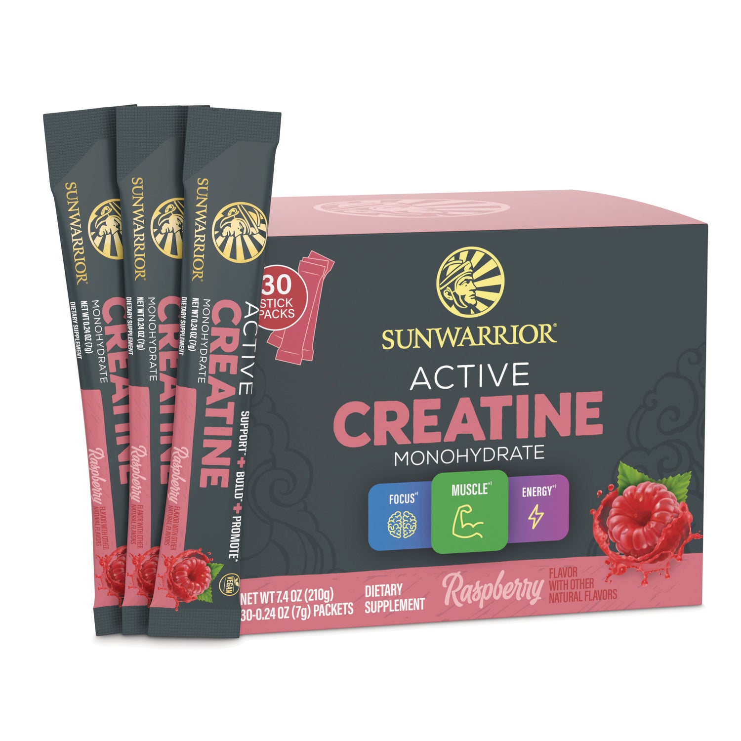 SNW066 | Sunwarrior Active Creatine Monohydrate, Raspberry, 30 stick packs box with sachets; focus, muscle, energy
