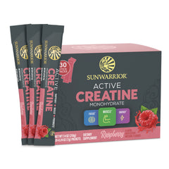 SNW066 | Sunwarrior Active Creatine Monohydrate, Raspberry, 30 stick packs box with sachets; focus, muscle, energy