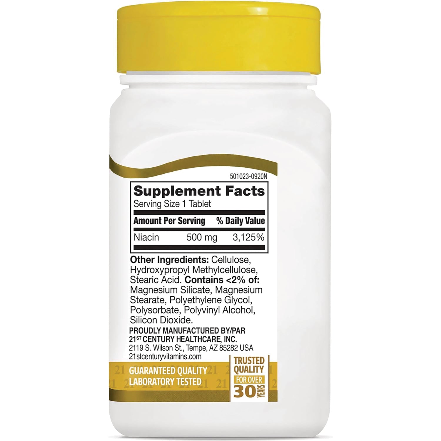 CNT272 | back label of white supplement bottle showing Supplement Facts panel with Niacin 500 mg and ingredient list