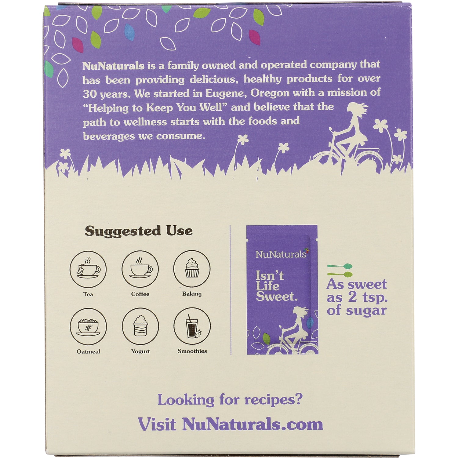 NN046 | NuNaturals product back panel with suggested use icons and text As sweet as 2 tsp. of sugar