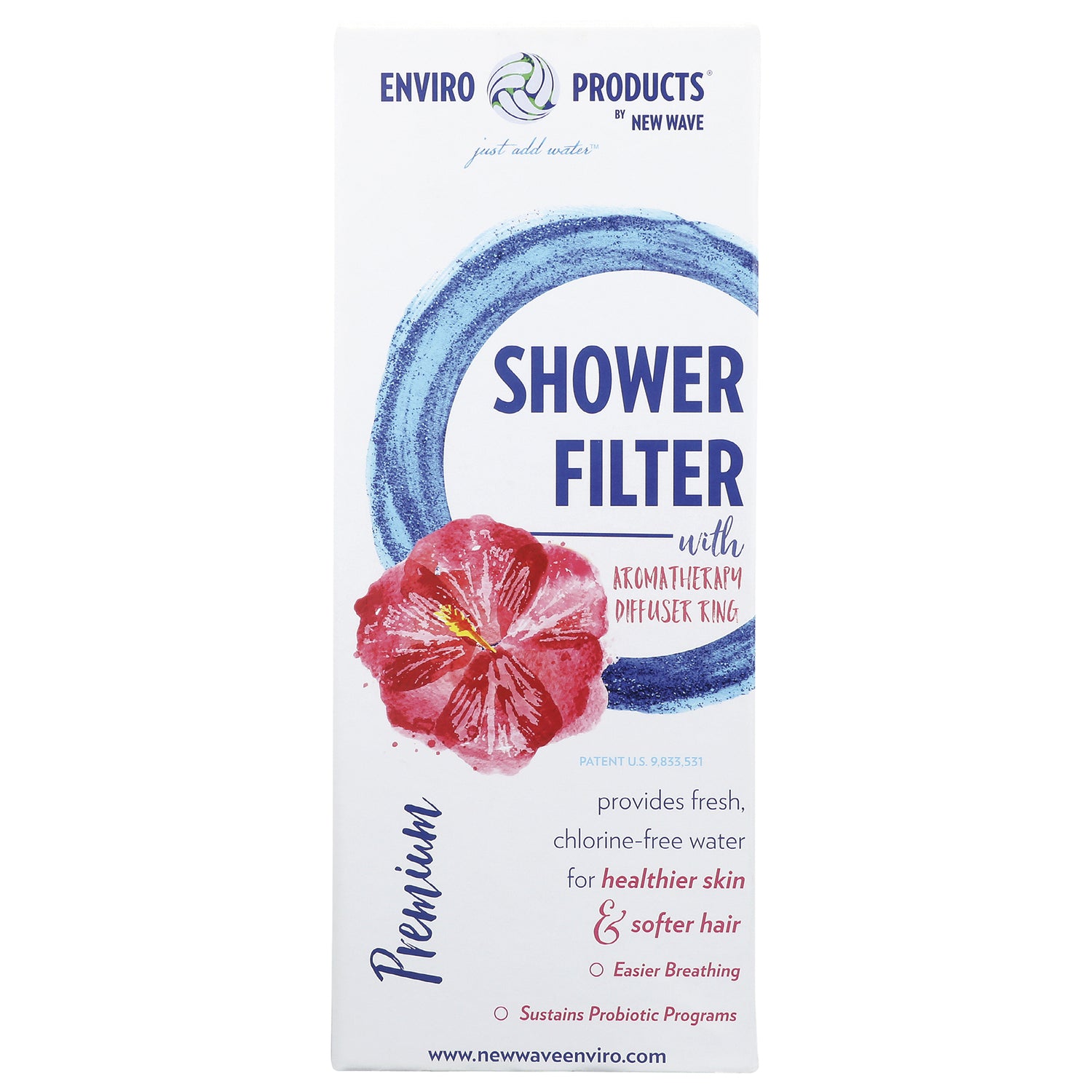 NWE001 | Enviro Products shower filter box with blue ring graphic and red hibiscus, text Shower Filter