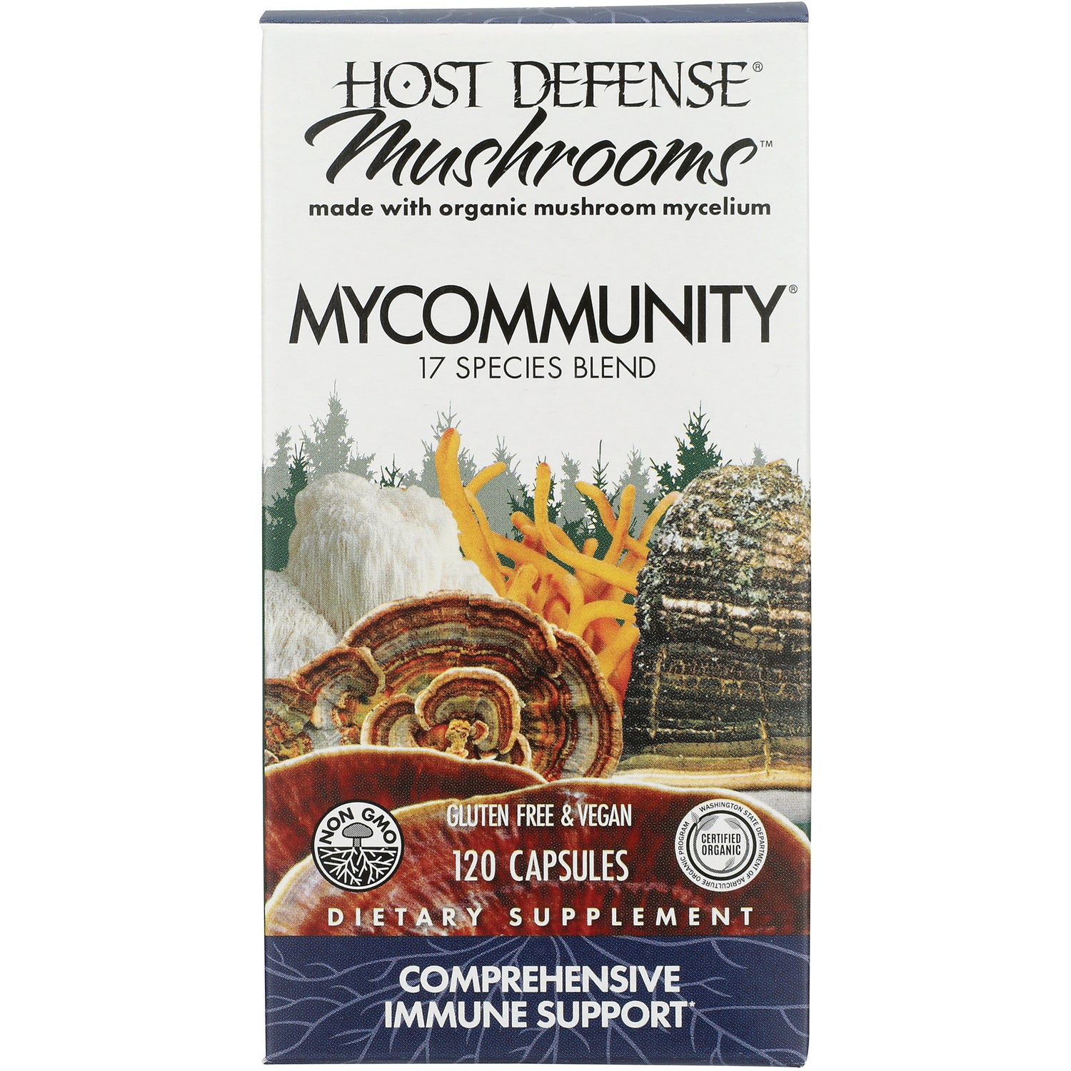 FUN003 | Host Defense Mycommunity mushrooms 17 species blend box, 120 capsules, gluten free & vegan dietary supplement
