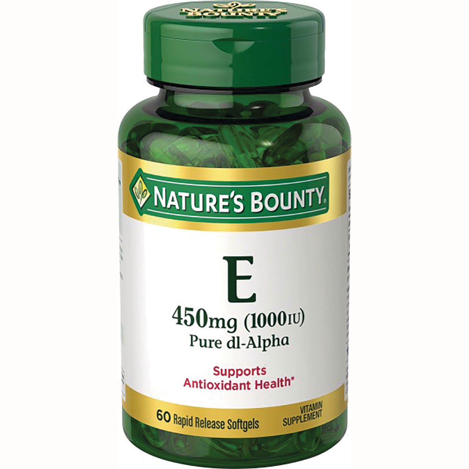 NBY080 | Green bottle of Nature's Bounty vitamin E 450mg (1000 IU) Pure dl-Alpha, 60 rapid release softgels