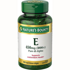 NBY080 | Green bottle of Nature's Bounty vitamin E 450mg (1000 IU) Pure dl-Alpha, 60 rapid release softgels