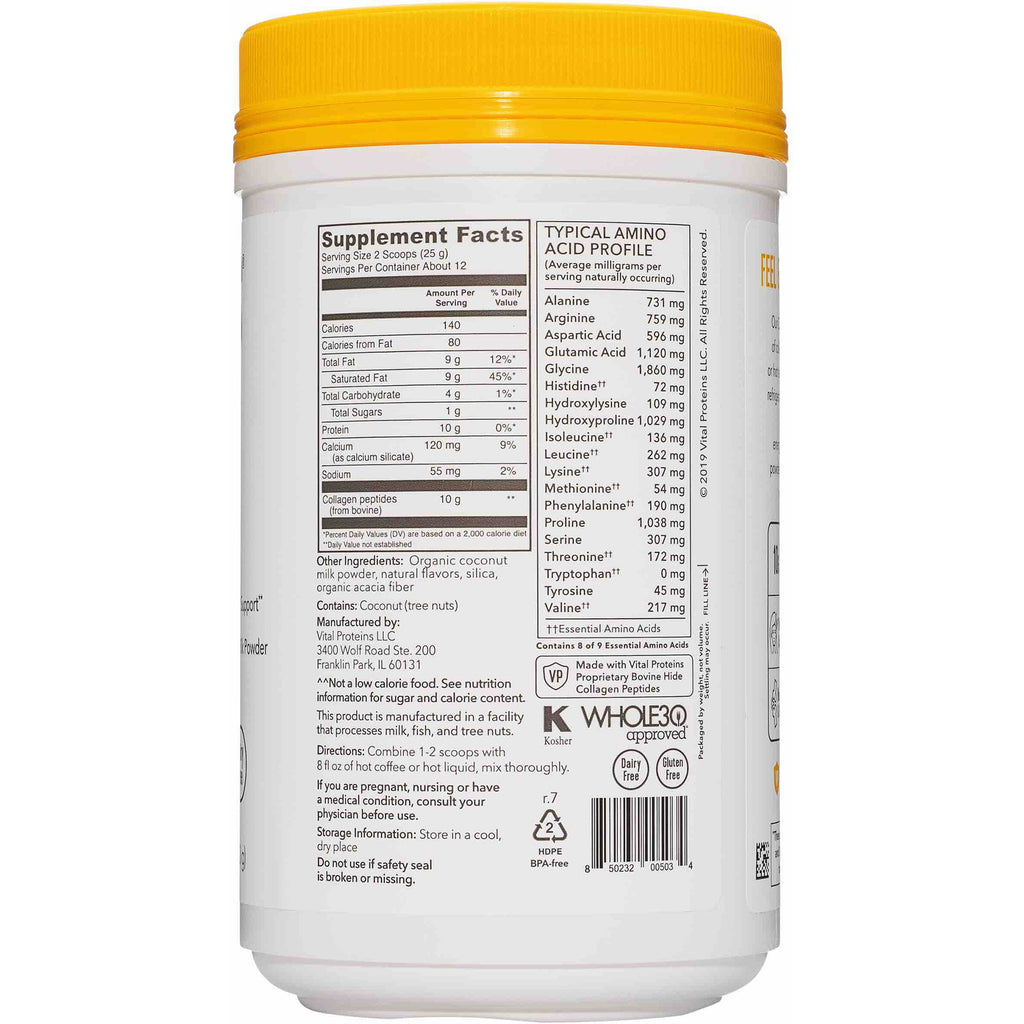 VPR004 | Back label showing Supplement Facts, amino acid profile, directions, and certifications for collagen peptides powder - Thumbnail