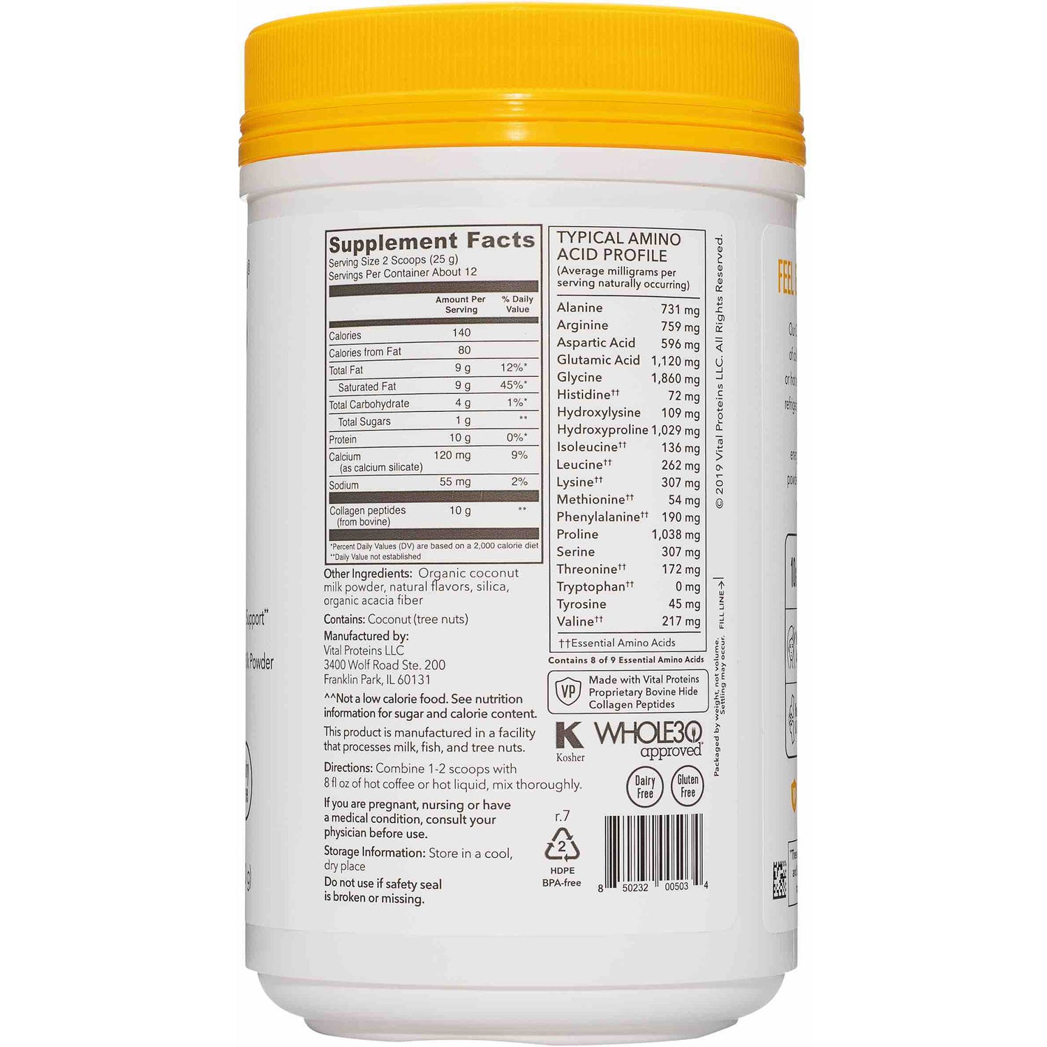 VPR004 | Back label showing Supplement Facts, amino acid profile, directions, and certifications for collagen peptides powder