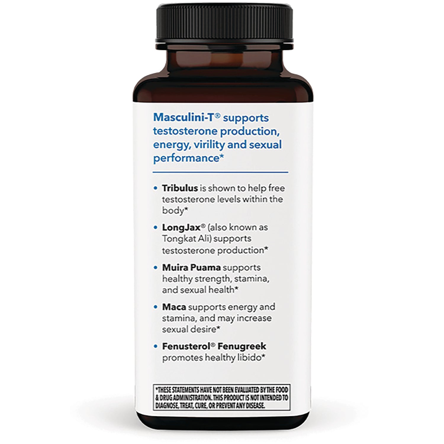 LSS004 | bottle infographic listing ingredients Tribulus, LongJax (Tongkat Ali), Muira Puama, Maca, Fenusterol Fenugreek