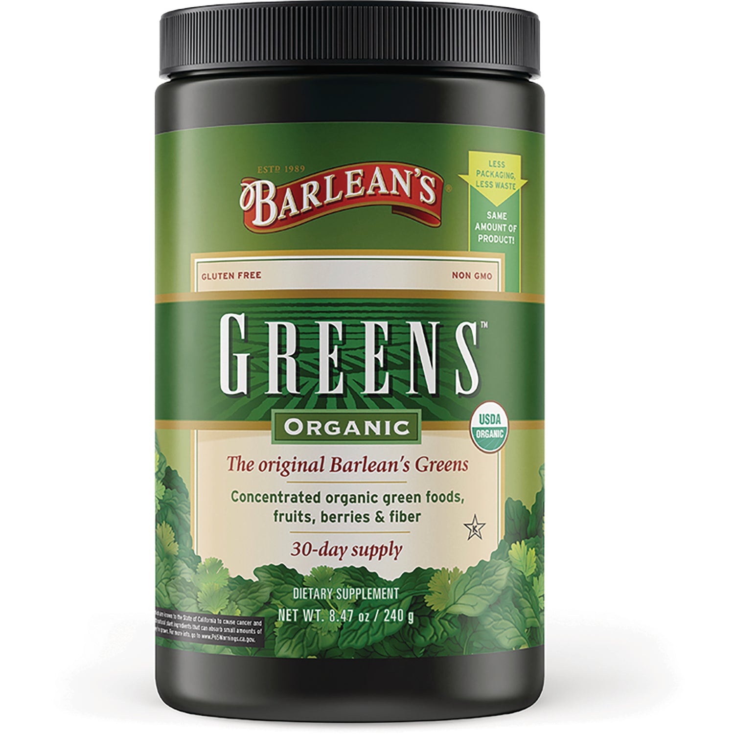 BAR006 | Barlean's GREENS Organic dietary supplement jar, 30-day supply, 8.47 oz (240 g)