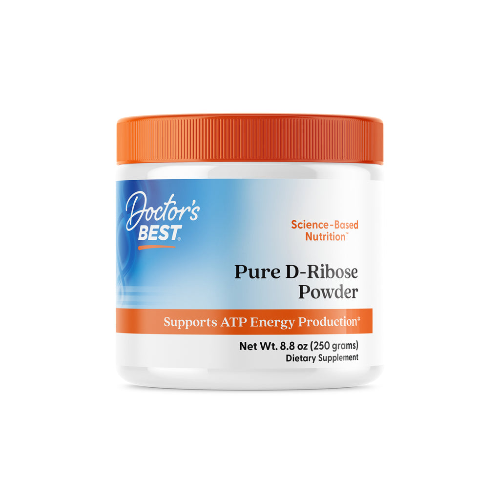 DB081 | Doctor's Best Pure D-Ribose Powder jar, 8.8 oz white container with orange lid labeled Pure D-Ribose Powder and Vegan - Thumbnail