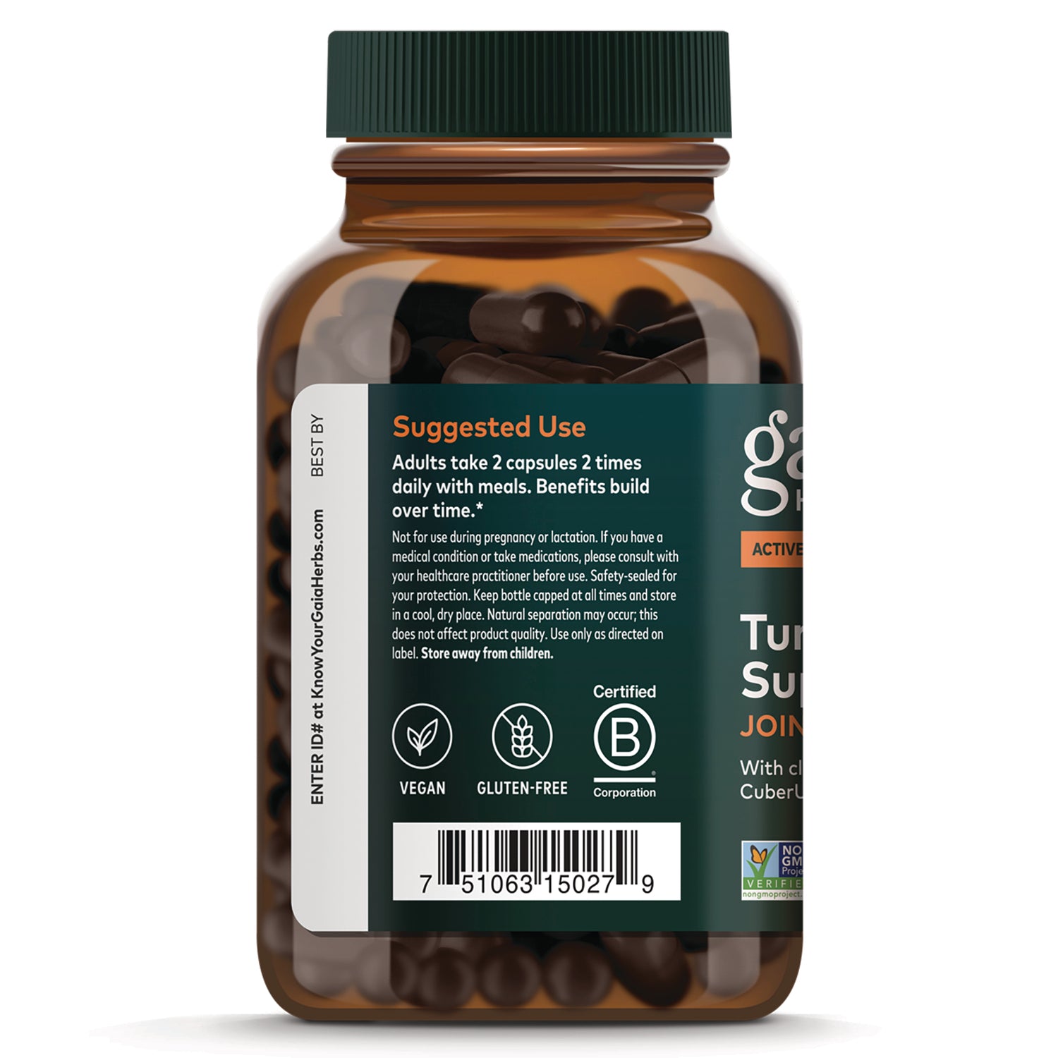 GH169 | Back label of supplement bottle showing suggested use text, vegan and gluten-free icons, certification mark and barcode