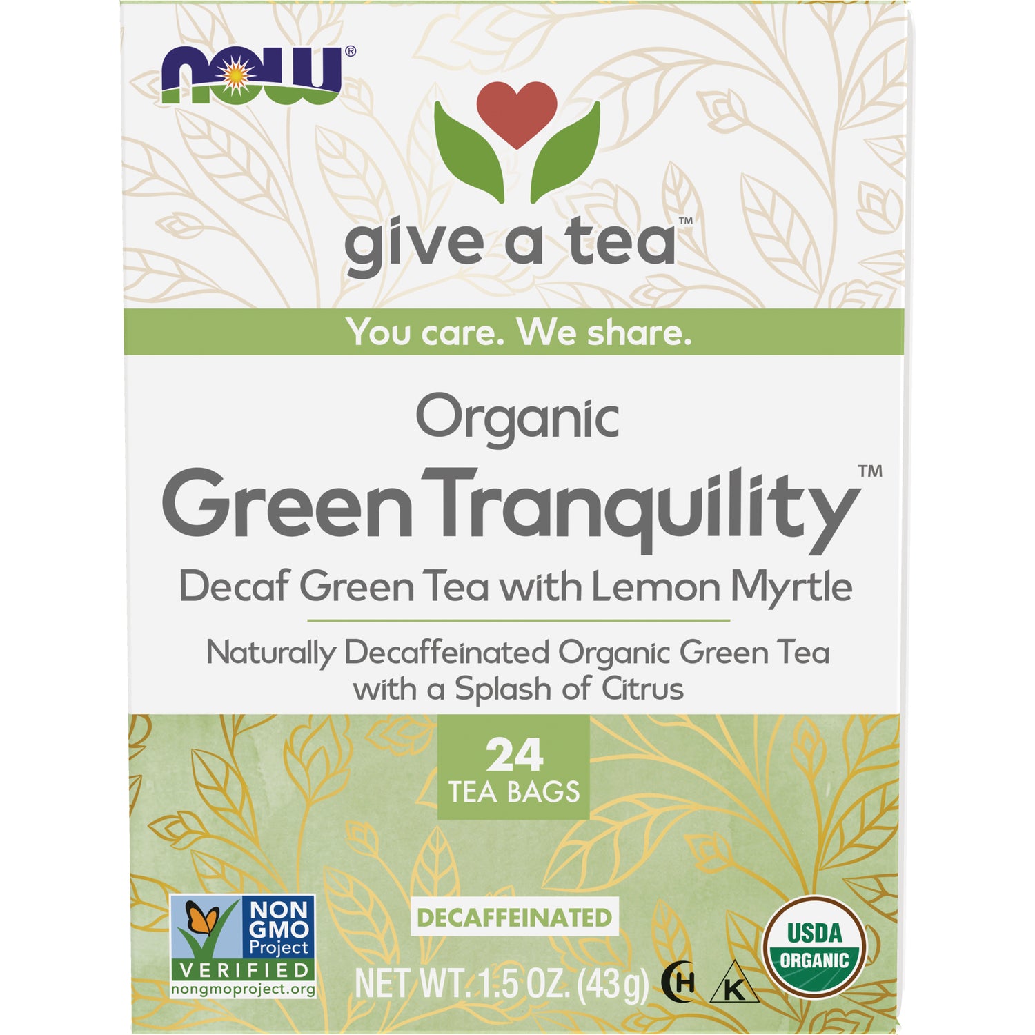 NWF1098 | NOW Give a Tea Organic Green Tranquility decaf green tea with lemon myrtle box, 24 tea bags, USDA Organic