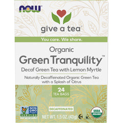 NWF1098 | NOW Give a Tea Organic Green Tranquility decaf green tea with lemon myrtle box, 24 tea bags, USDA Organic