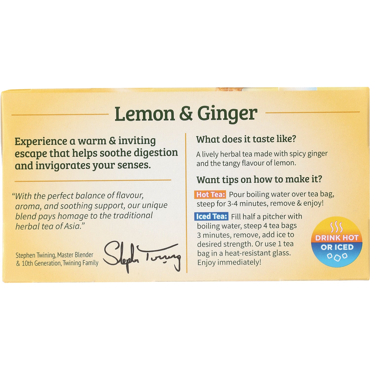 TWN017 | Lemon & Ginger herbal tea box back with taste notes, brewing tips for hot tea and iced tea, Drink Hot or Iced