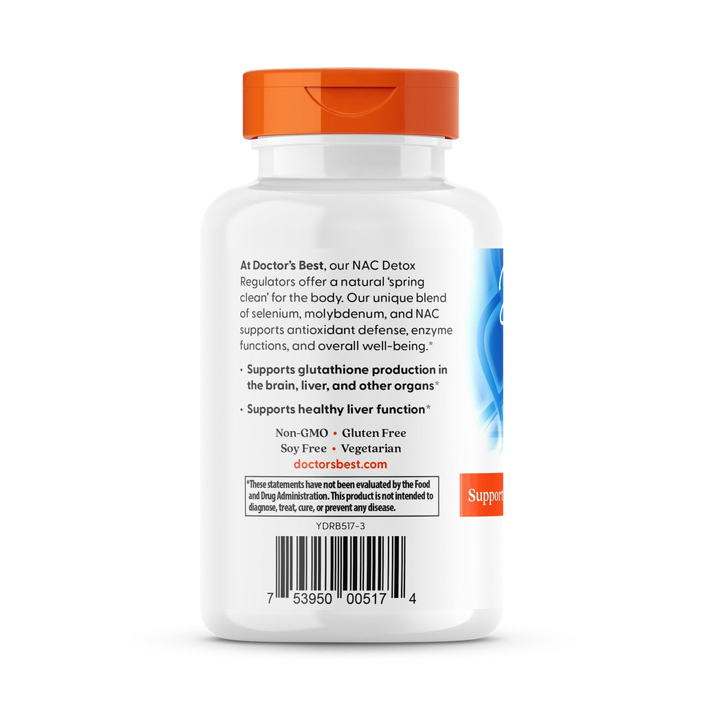 DB268 | back label showing Doctor's Best NAC Detox Regulators text, benefits statements and barcode on white bottle - Thumbnail