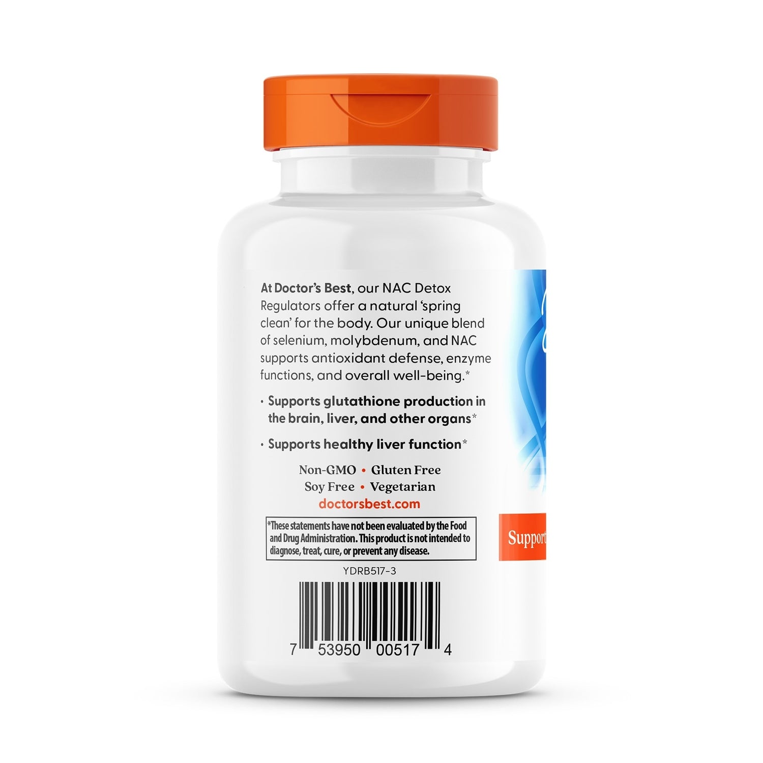 DB268 | back label showing Doctor's Best NAC Detox Regulators text, benefits statements and barcode on white bottle