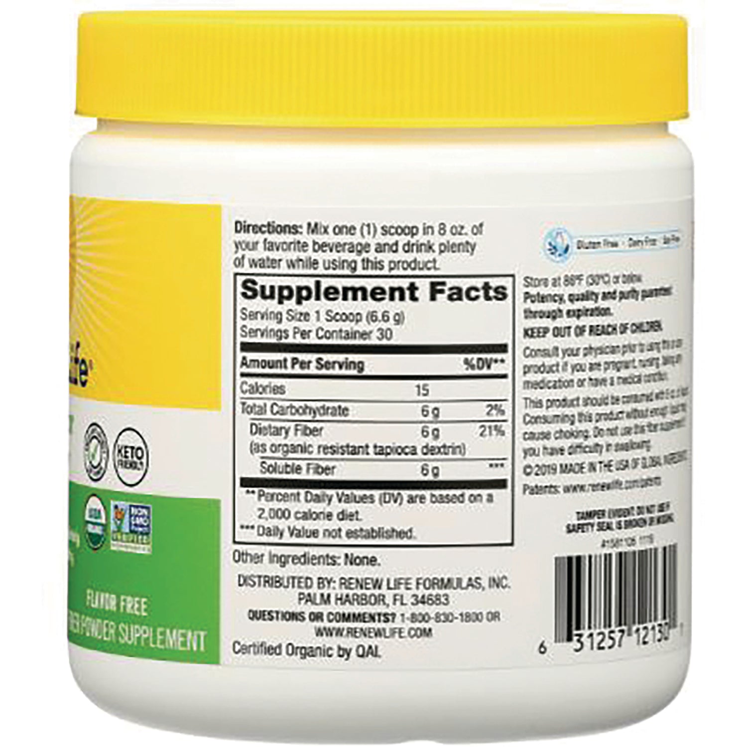 RNL245 | Back label showing Supplement Facts, directions, barcode and distributor information on white jar with yellow lid