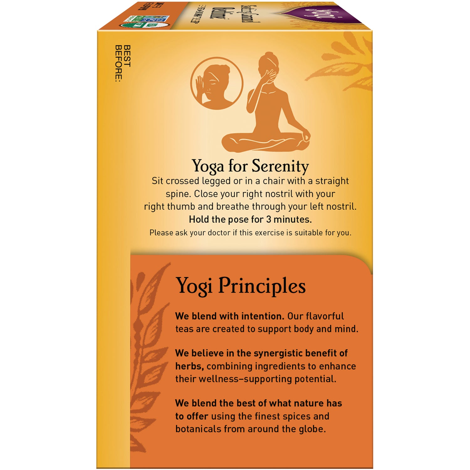 AHW054 | Tea box panel with Yoga for Serenity breathing pose and Yogi Principles brand message