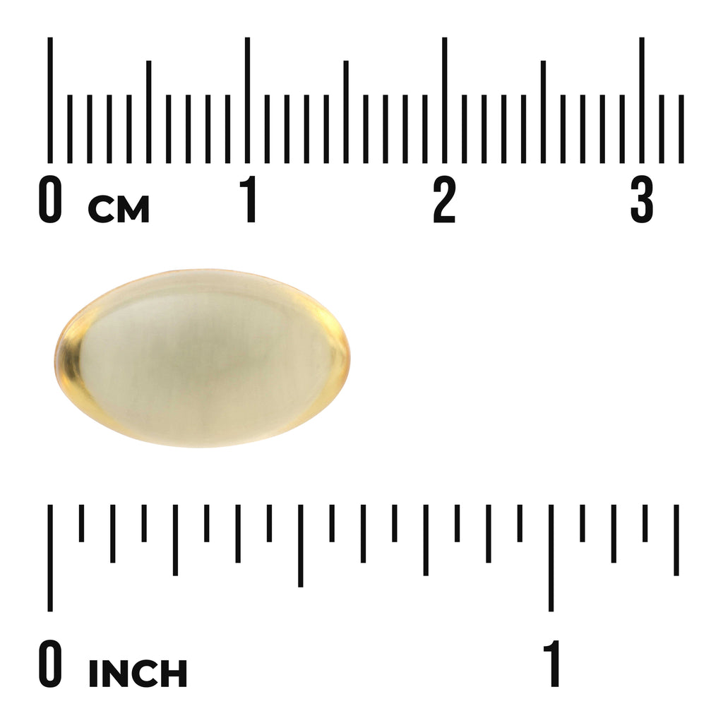 SW141 | Oval softgel capsule on white background with centimeter and inch rulers indicating size - Thumbnail
