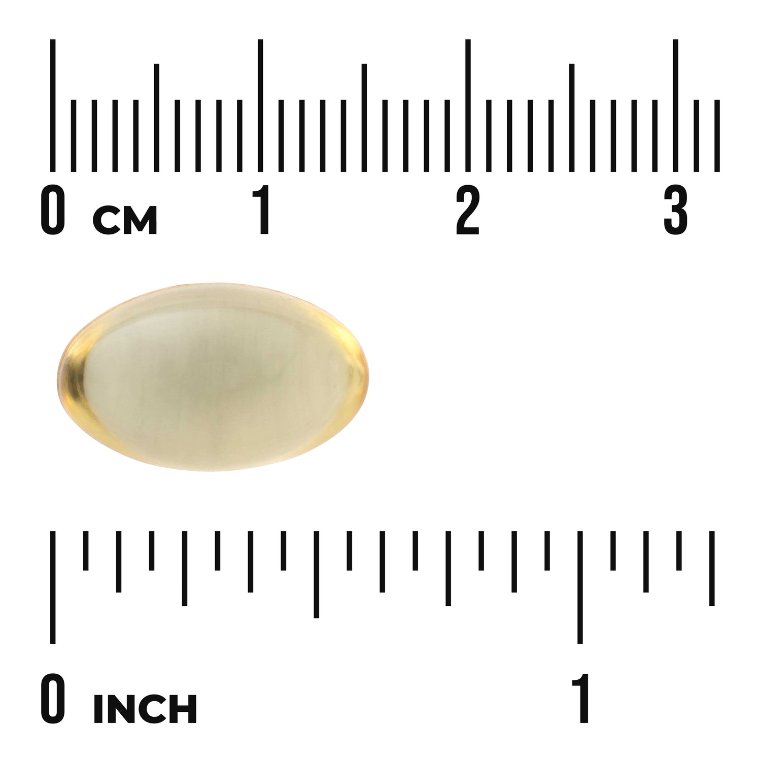 SW141 | Oval softgel capsule on white background with centimeter and inch rulers indicating size