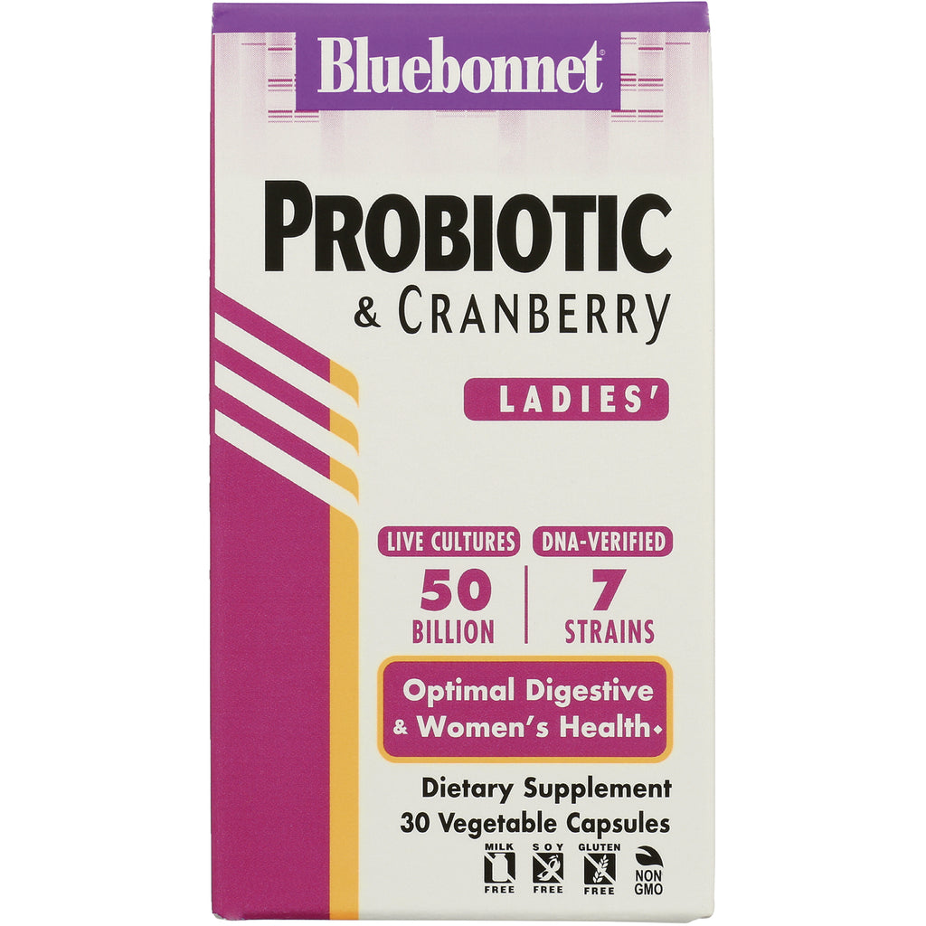 BLU149 | Bluebonnet Probiotic & Cranberry ladies dietary supplement box showing 50 billion, 7 strains, 30 vegetable capsules - Thumbnail