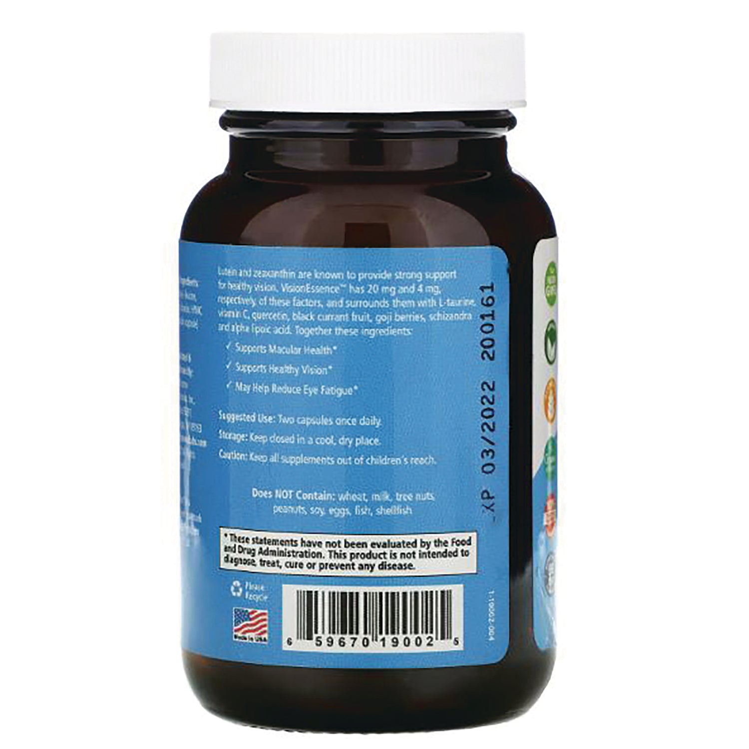 PEL056 | back of brown supplement bottle with blue label showing barcode, usage text, and expiration code