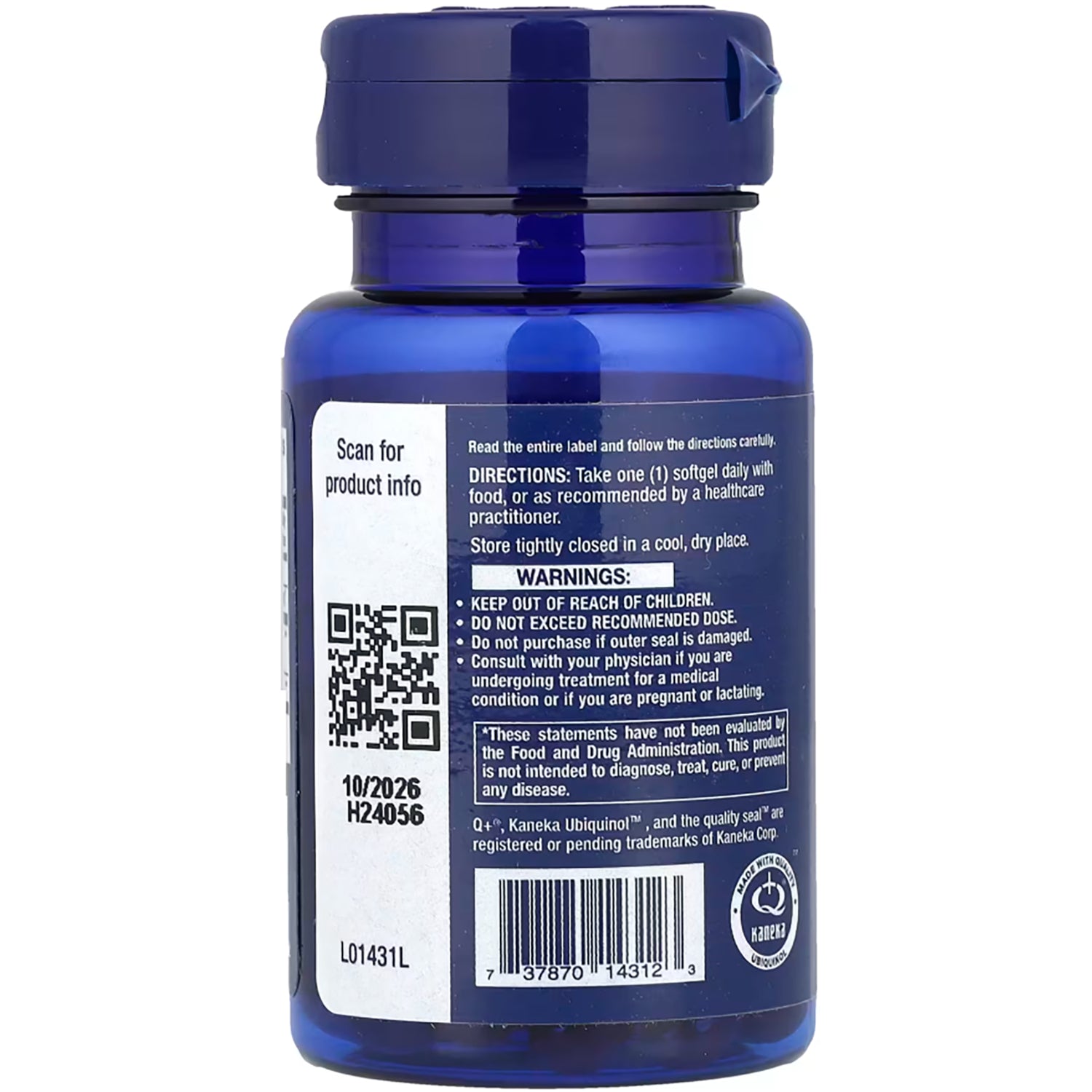 LE113 | Blue supplement bottle back label showing directions, warnings, QR code and barcode