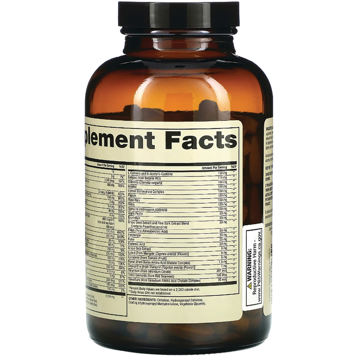MRC086 | Amber supplement bottle back showing Supplement Facts nutrition panel and ingredient list