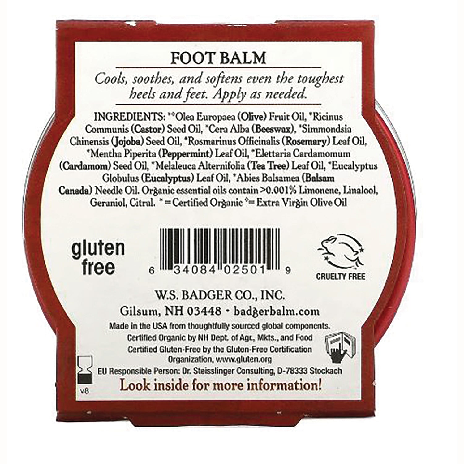 BAD009 | Back label of Badger Foot Balm showing ingredients, barcode, gluten free and cruelty free logos